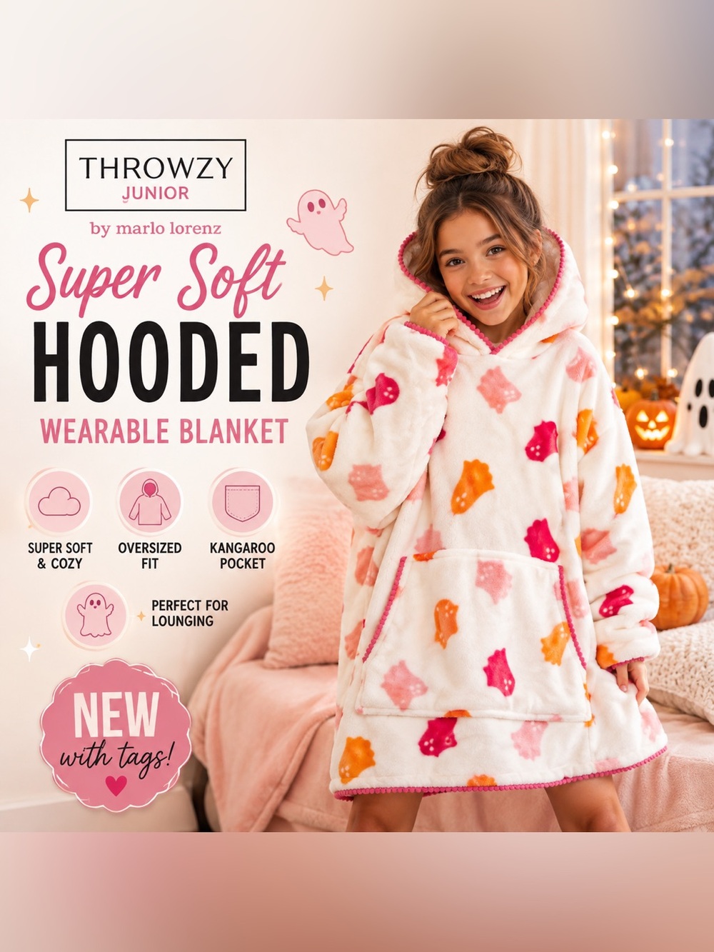 Throwzy Junior by Marlo Lorenz Ghost Hooded Wearable Blanket Poncho NWT One Size
